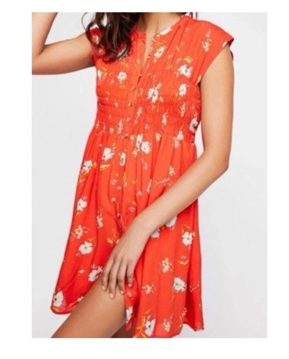 Free People Greatest Day Smocked Mini Dress Orange Floral Size L Casual Beach